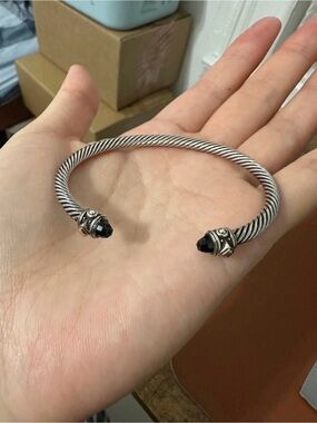 David Yurman Renaissance Classic Cable Bracelet 4mm Silver 18k Gold Onyx - Small